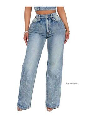 High Waist Rhinestone Wide Leg Straight Denim Jeans Stretch Bling Y2K